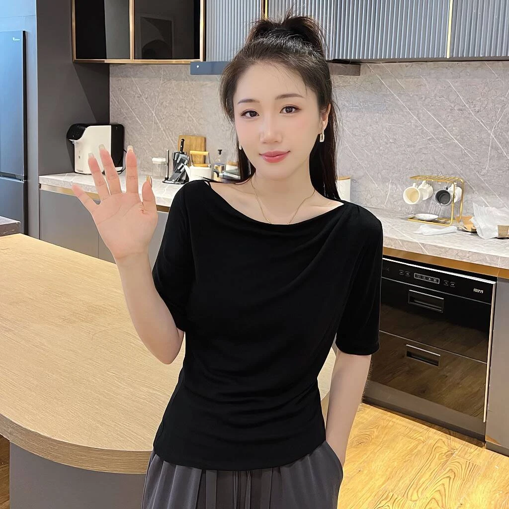 2025夏装新款黑色短袖露肩一字肩显瘦宽松中袖T恤女上衣0001-86