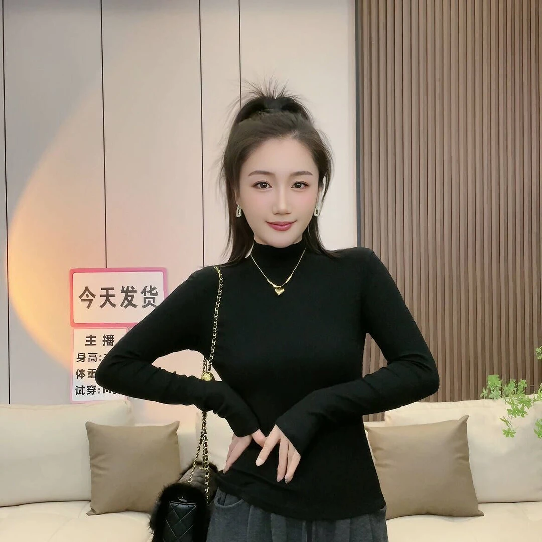 半高领长袖黑色T恤女加绒打底衫内搭显瘦修身冬季秋冬上衣#0028-8