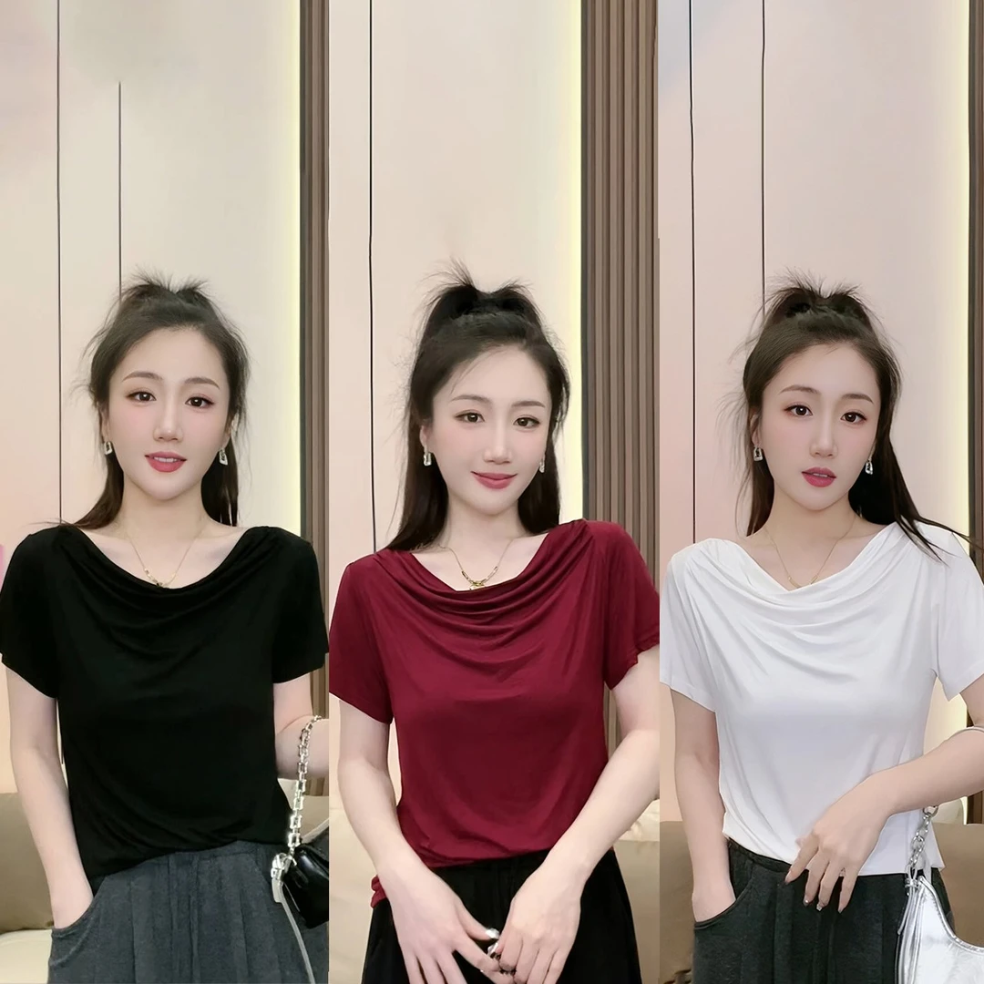 2024夏装新款打底衫女堆堆领短袖T恤显瘦时尚百搭上衣气质0032-4