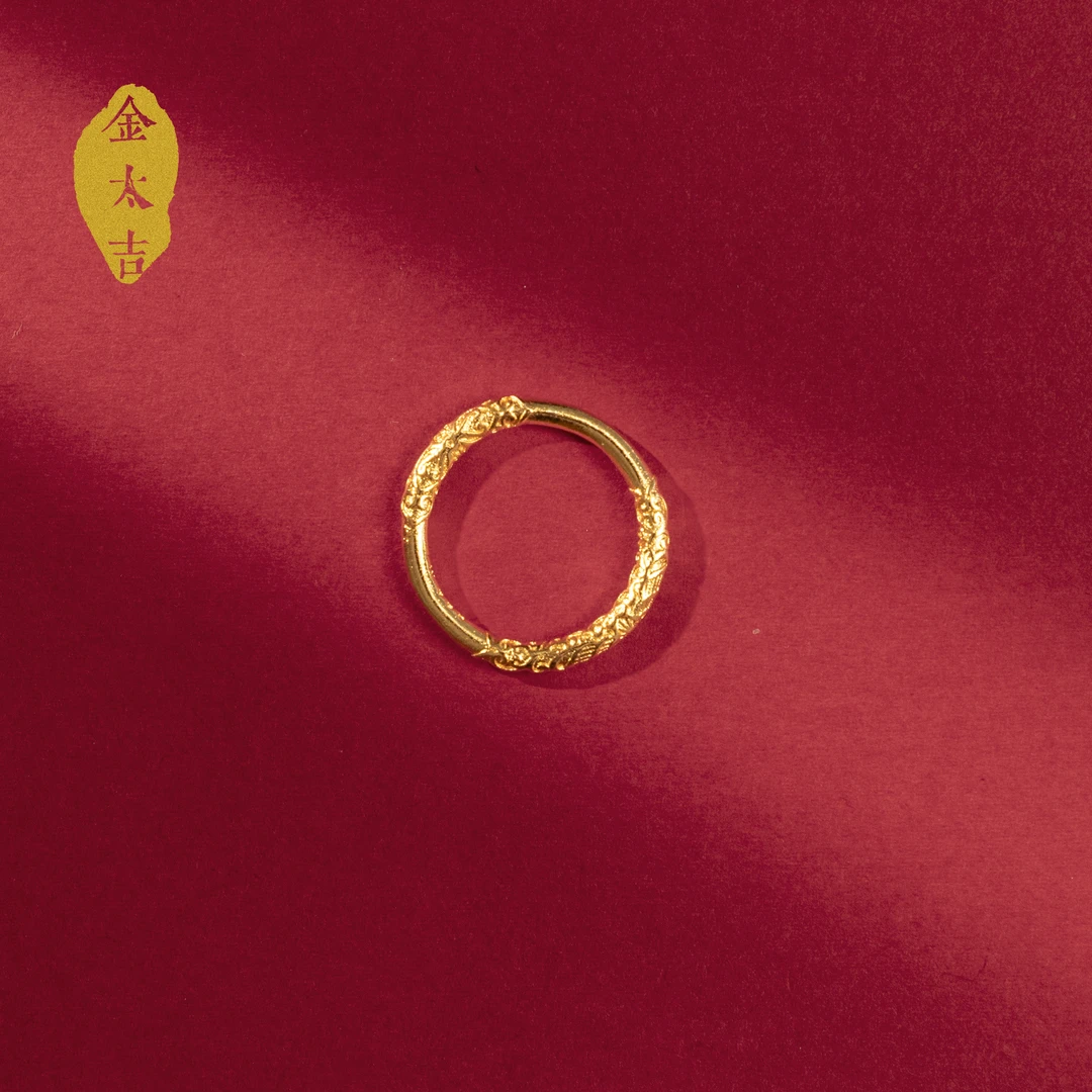 铜合金戒指 古法手工雕花卷草纹紫荆花国风素圈戒指男女对戒