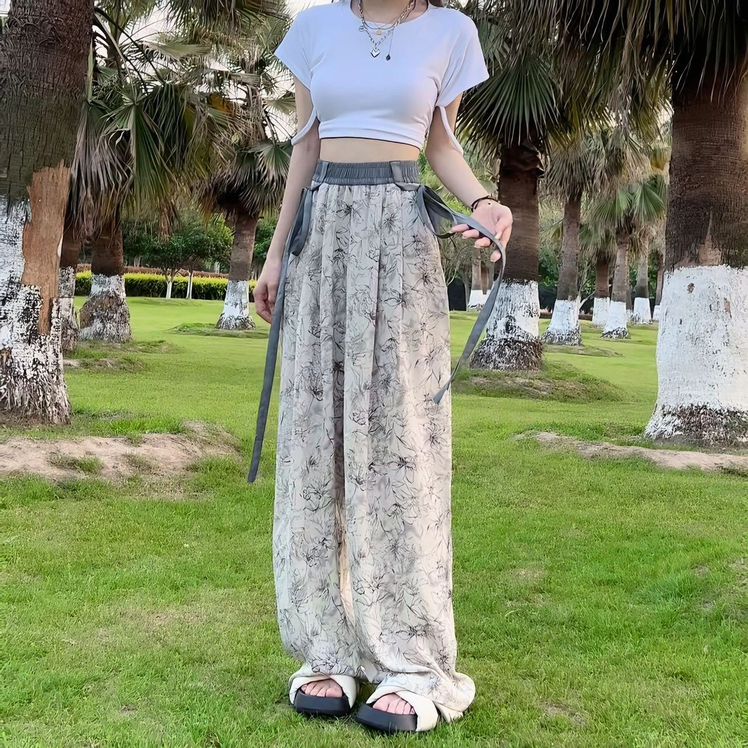 国风阔腿裤女夏季水墨印花飘带裙裤高腰垂感休闲冰丝速干裤H609