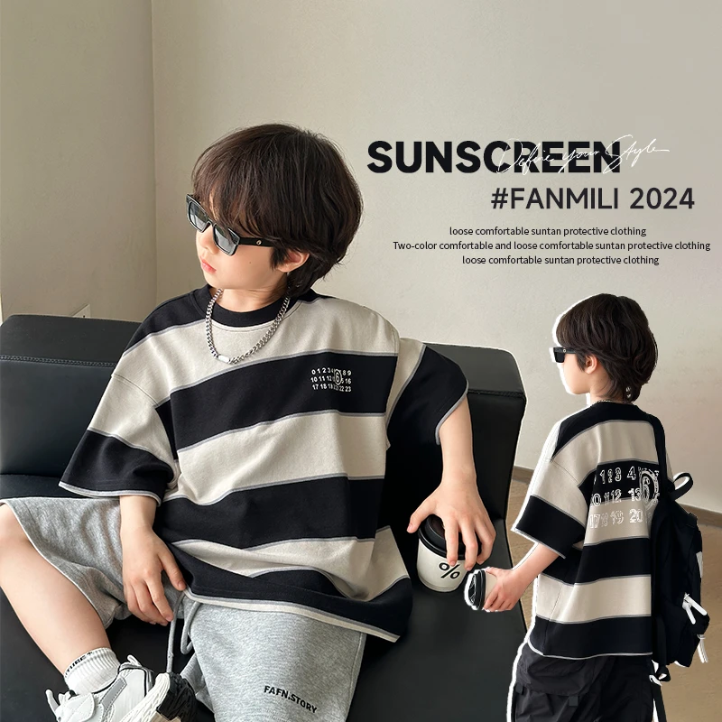 2024新款范米粒童装条纹中大童ol夏季休闲男孩帅气韩版
