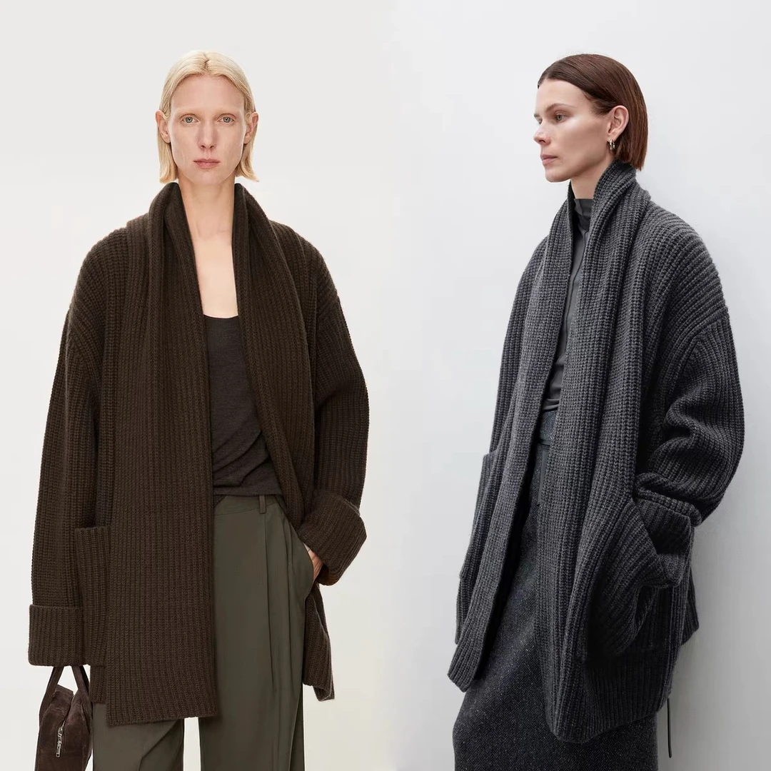 CHICJOC同款软糯厚实纯羊绒/羊毛绒松弛北欧风复古粗针围巾领开衫