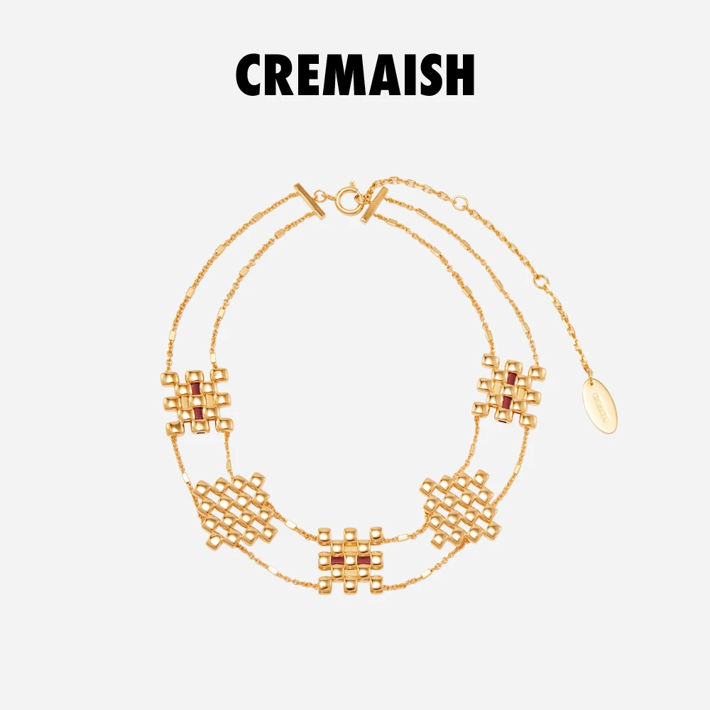 CREMAISH 黄铜皮质项链 方菱形项链 铜镀18K金高级气质百搭锁骨链