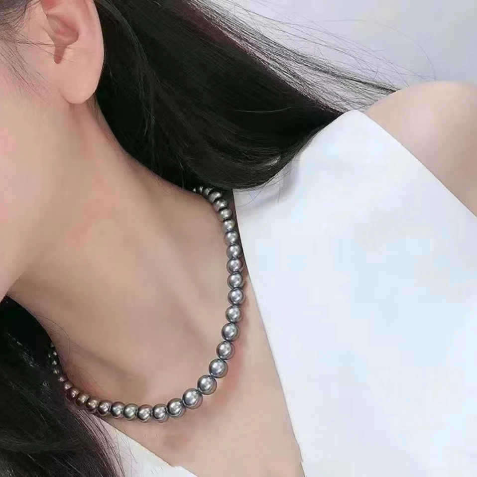 非金属项链 星辰大海澳灰真多麻色10M全珠链+耳钉两件套海贝珠