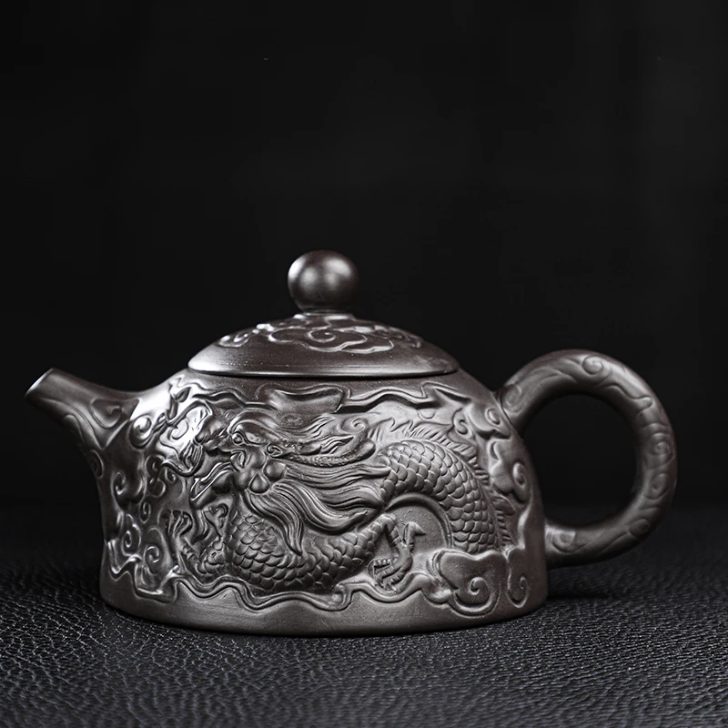 紫砂茶壶原矿紫陶浮雕大龙壶凤鸣壶大号功夫茶具家用泡茶壶单壶