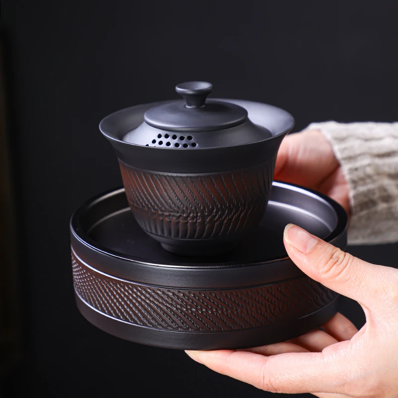 建水紫陶家用三才盖碗防烫手抓壶功夫茶具高档壶承瓷盖碗茶具套装