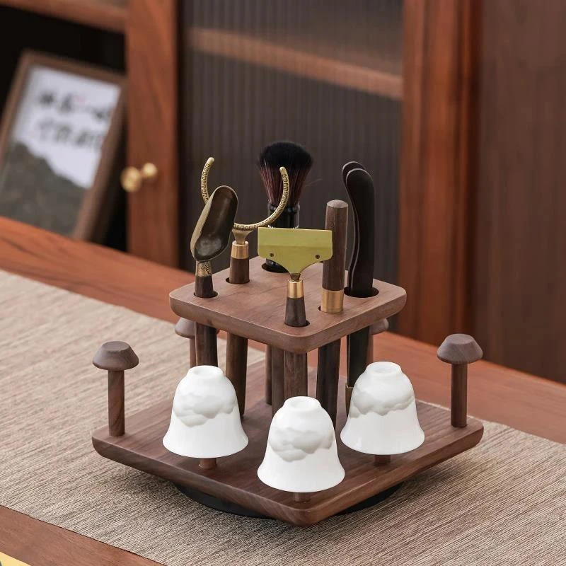 胡桃木茶道六君子套装实木高档轻奢功夫茶具配件禅意风带杯架