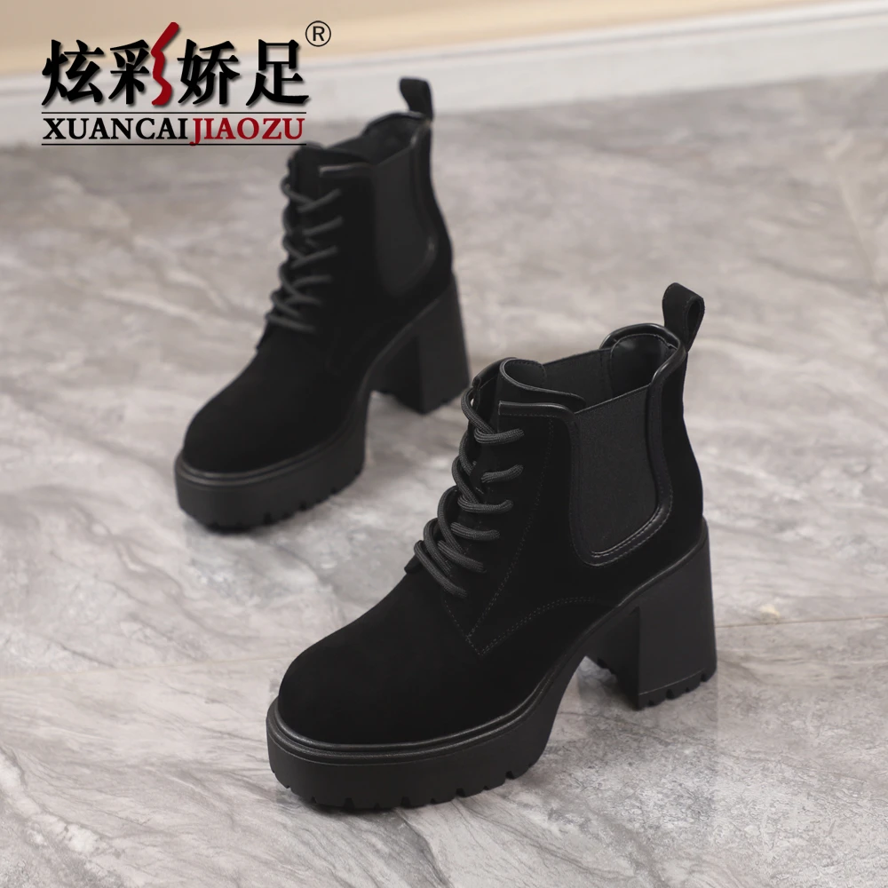 切尔西短靴女靴2024秋冬新款女鞋百搭真皮靴粗跟高跟厚底加绒棉鞋