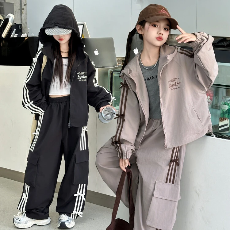 【两件套】套装2024运动春秋女童中大童潮酷炸街连帽女童