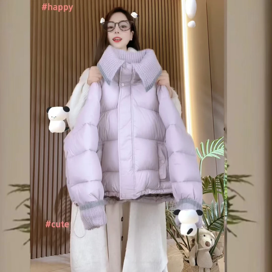 【亲子 中高端加厚棉服】毛线领短款纯色双色韩系棉服2024冬季新款