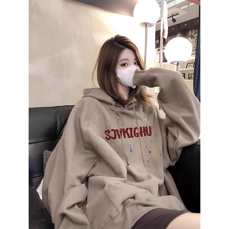 【帝韵】连帽重磅美式印花卫衣女秋冬加绒加厚设计感宽松慵懒风外套