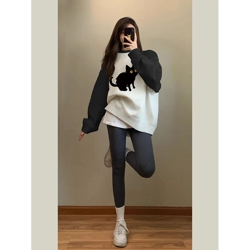 【帝韵】拼色圆领卫衣女春秋薄款加绒加厚小个子宽松设计感插肩上衣