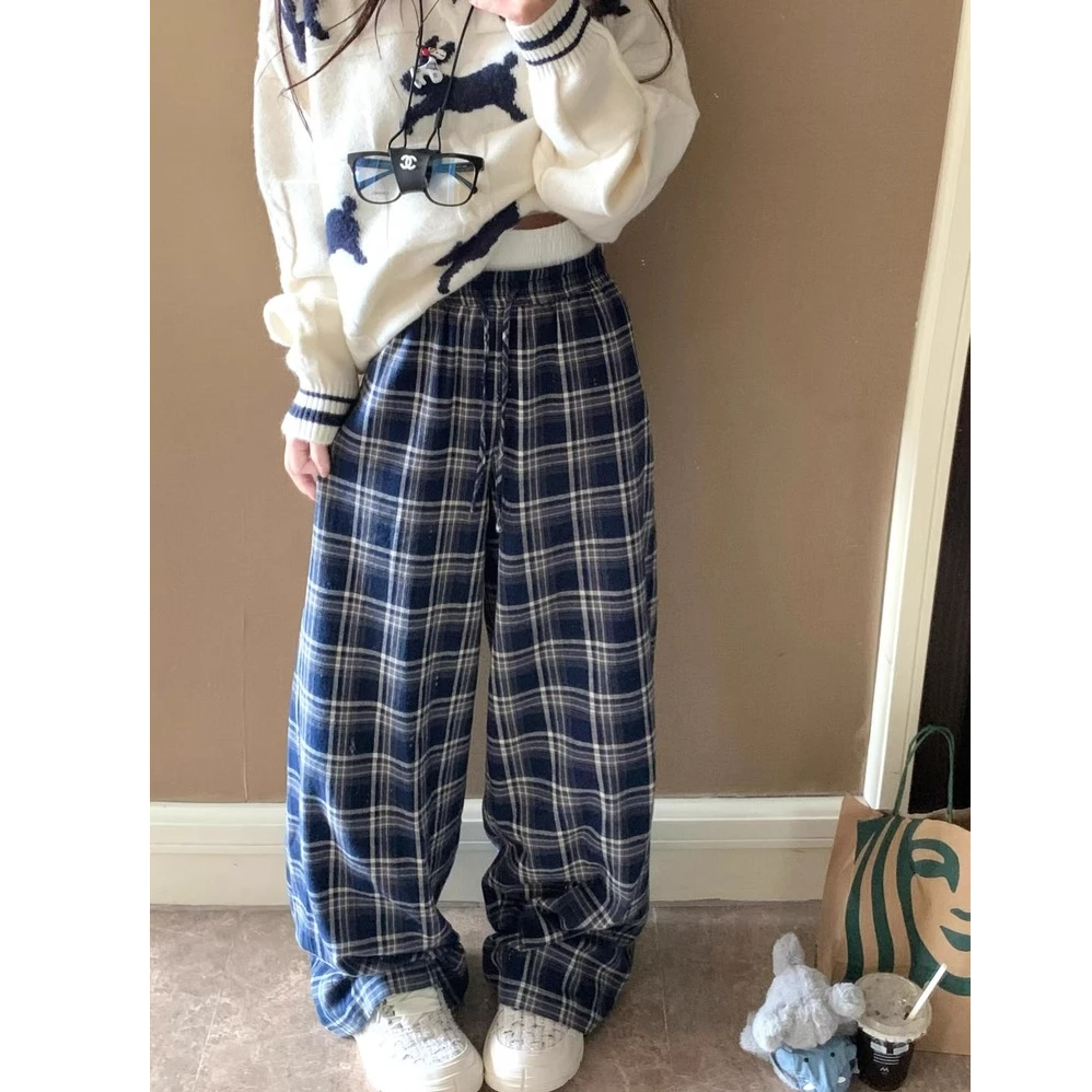 【帝韵】拼接高腰格子休闲裤女春秋薄款阔腿宽松慵懒抽绳小众长裤子