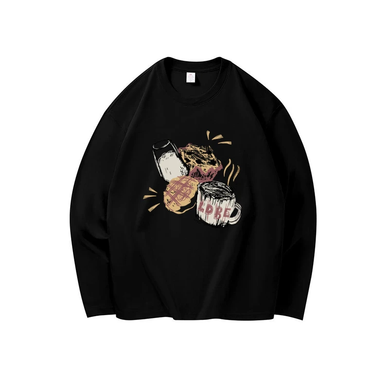 【帝韵】纯棉白色圆领长袖t恤女秋冬宽松设计感印花上衣内搭打底衫