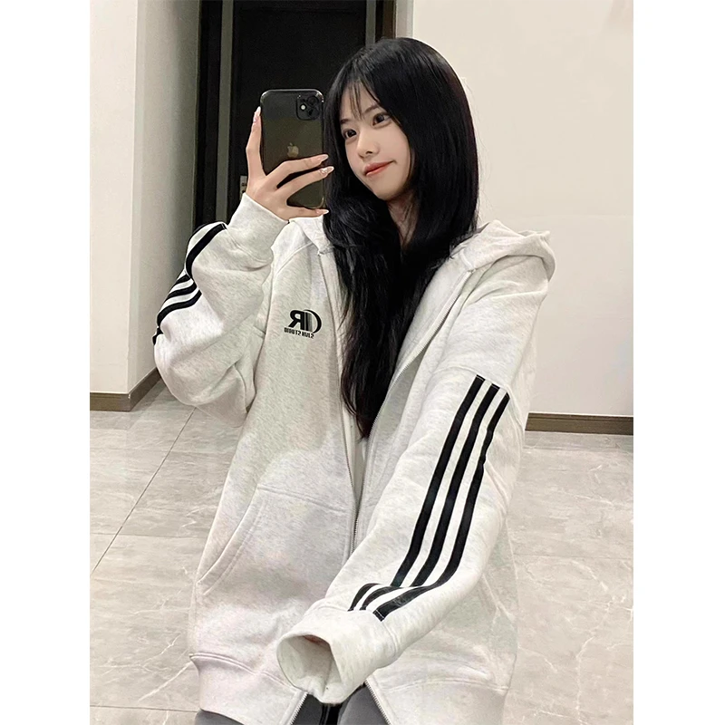 【帝韵】条纹休闲开衫卫衣女春秋季薄款2024新款设计感连帽拉链外套