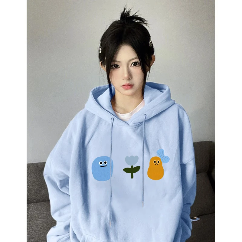 【帝韵】卡通印花蓝色连帽卫衣女春秋薄款宽松慵懒美式复古上衣外套