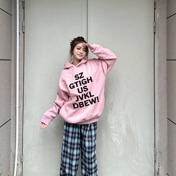 【帝韵】秋冬新款粉色美式大字母高街百搭重磅宽松字母连帽卫衣百搭