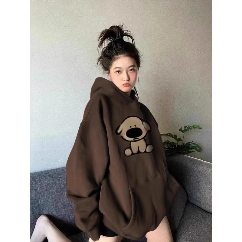 【帝韵】连帽小狗印花棕色卫衣女2024新款秋冬加绒加厚宽松美式外套