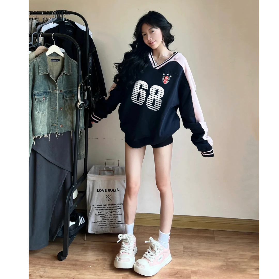 【帝韵】美式复古V领球衣卫衣男女秋季情侣套头外套上衣宽松百搭潮