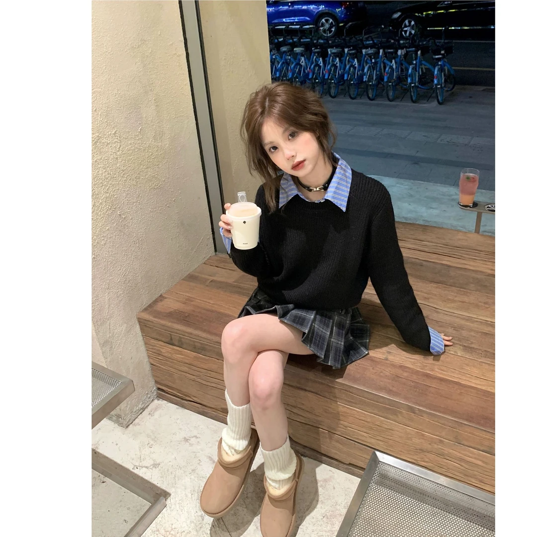 【帝韵】蓝领毛衣针织拼接卫衣撞色假两件衬衫领长袖上衣时尚百搭潮