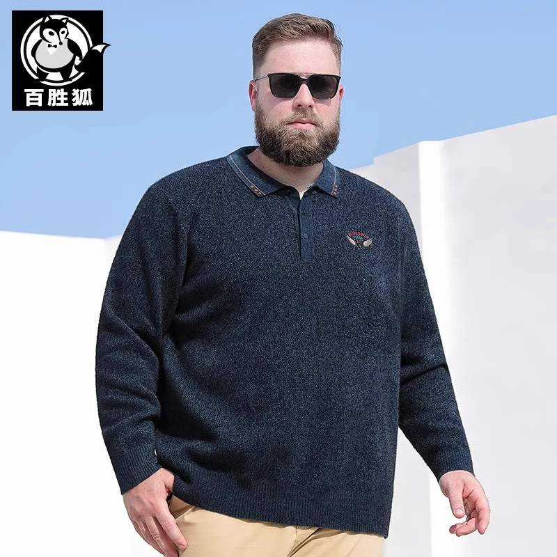 百胜狐大码男秋冬肥佬宽松毛衣翻领加大加肥中年长袖休闲针织衫