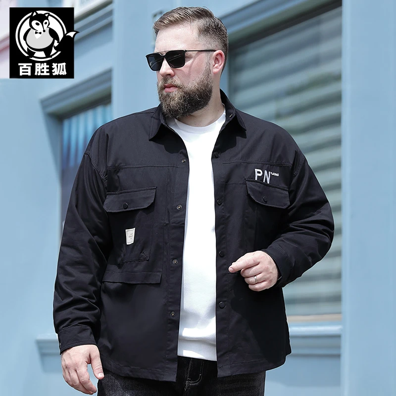 百胜狐春秋薄款大码男士夹克外套肥佬宽松加大号工装休闲翻领外衣
