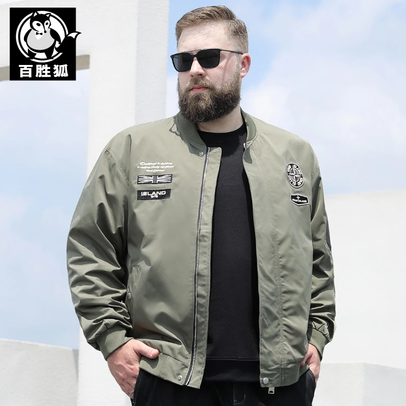 百胜狐棒球领夹克男2025春秋款新品潮胖子加肥加大码宽松休闲外套