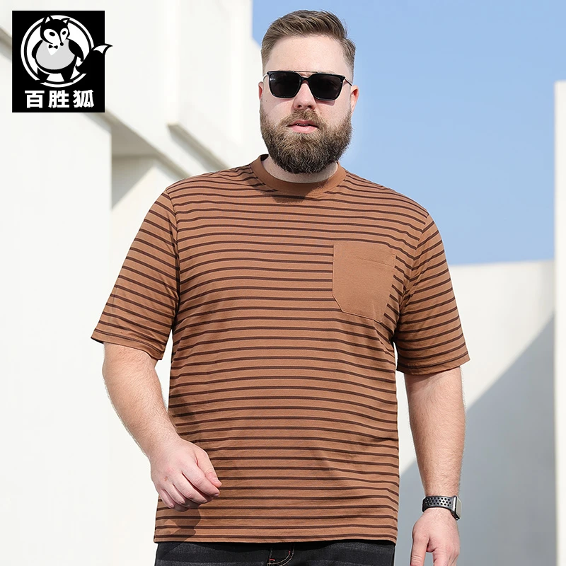 百胜狐大码男士条纹短袖T恤夏商务休闲胖子纯棉时尚宽松半袖上衣