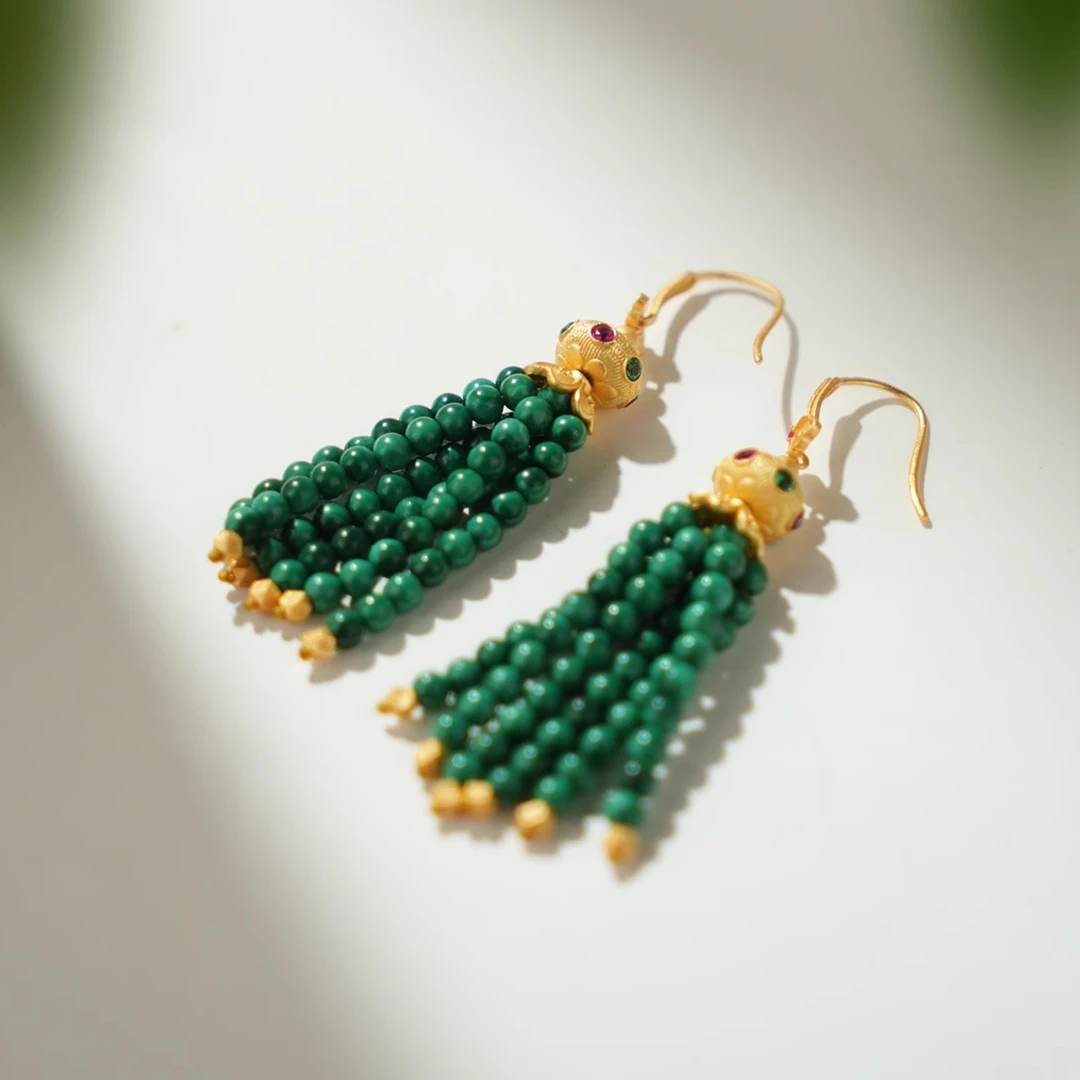 美伢【雨霖铃】孔雀石流苏耳坠QT086