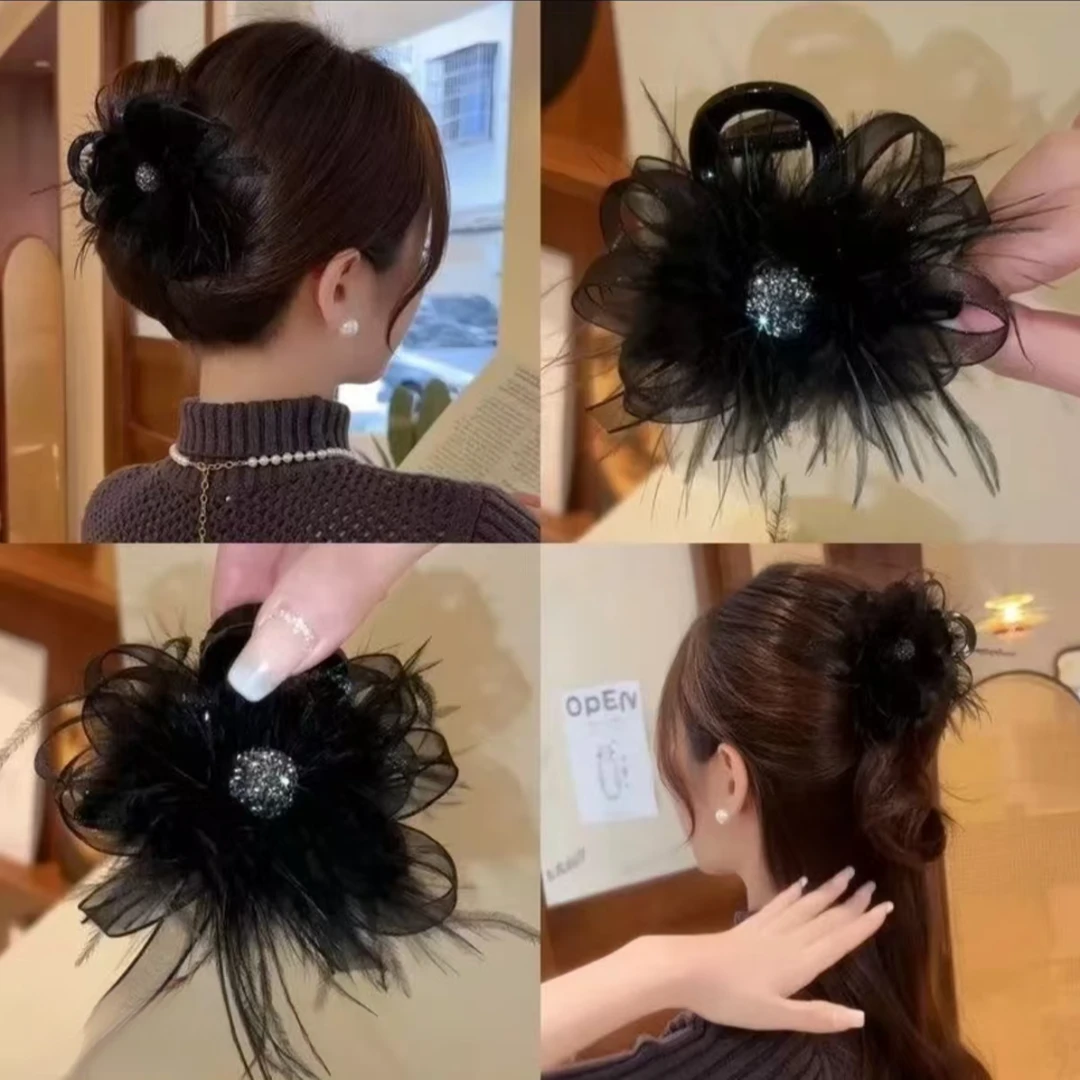 网红时尚超仙韩版羽毛发夹小半扎女发夹气质黑色羽毛银钻发饰抓夹