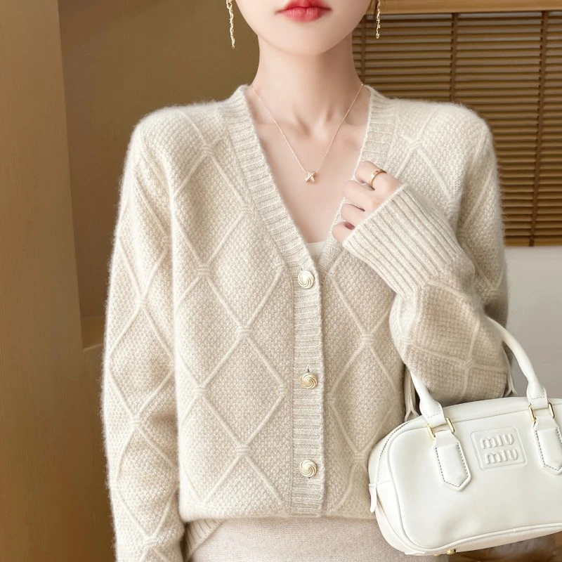 秋冬新款女V领提花羊毛开衫时尚气质纯色宽松慵懒洋气开衫女外套