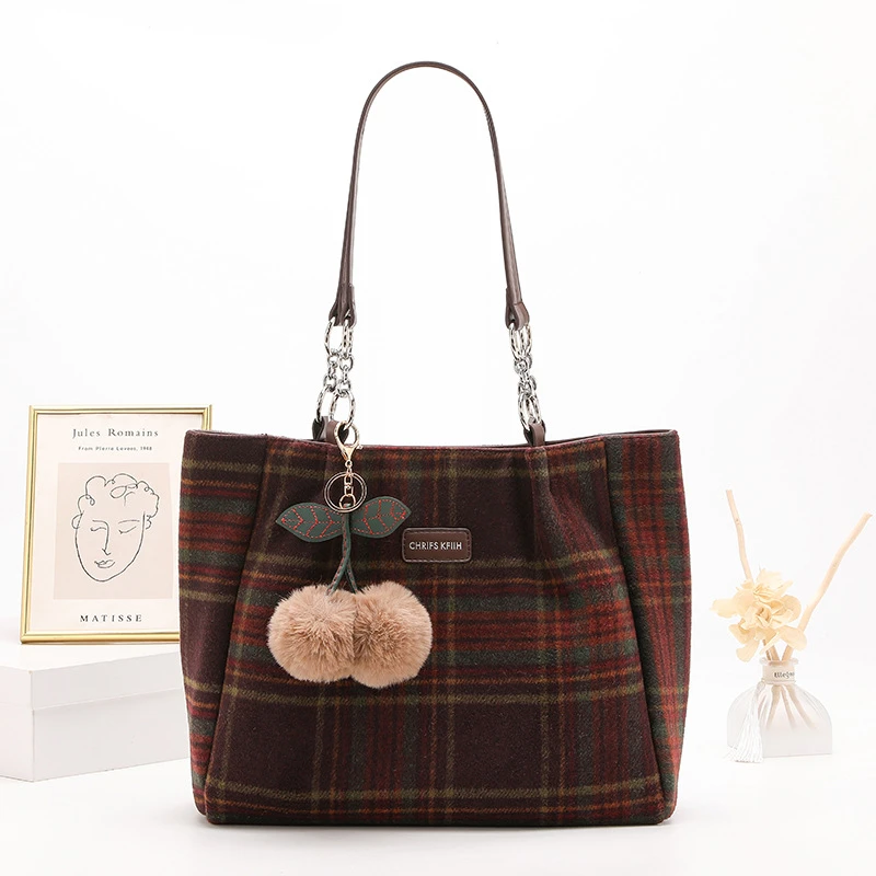 新款秋冬季高级感单肩通勤包大容量格纹链条腋下托特包女包