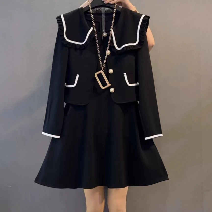 大码新款拼接花边领气质显瘦套装