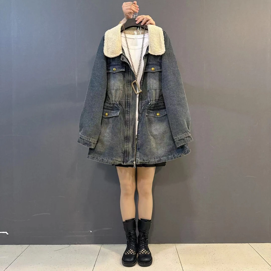 大码女装秋冬季新款牛仔加厚中长款派克服