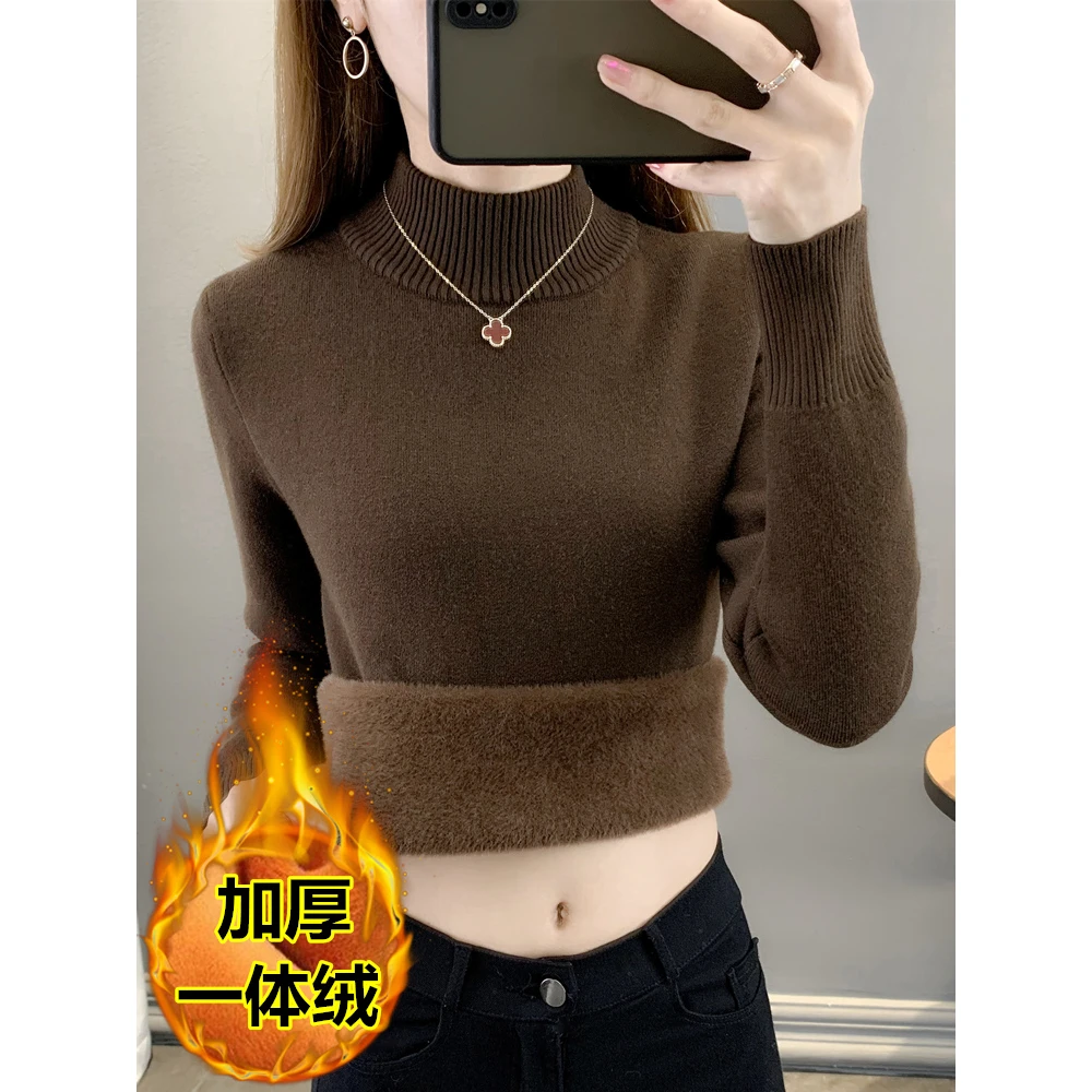秋冬加绒毛衣女加厚一体绒内搭半高领套头打底针织衫保暖上衣洋气