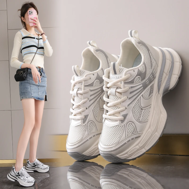 秋季爆款网面老爹鞋时尚百搭运动休闲透气软底厚底轻便跑步女潮鞋