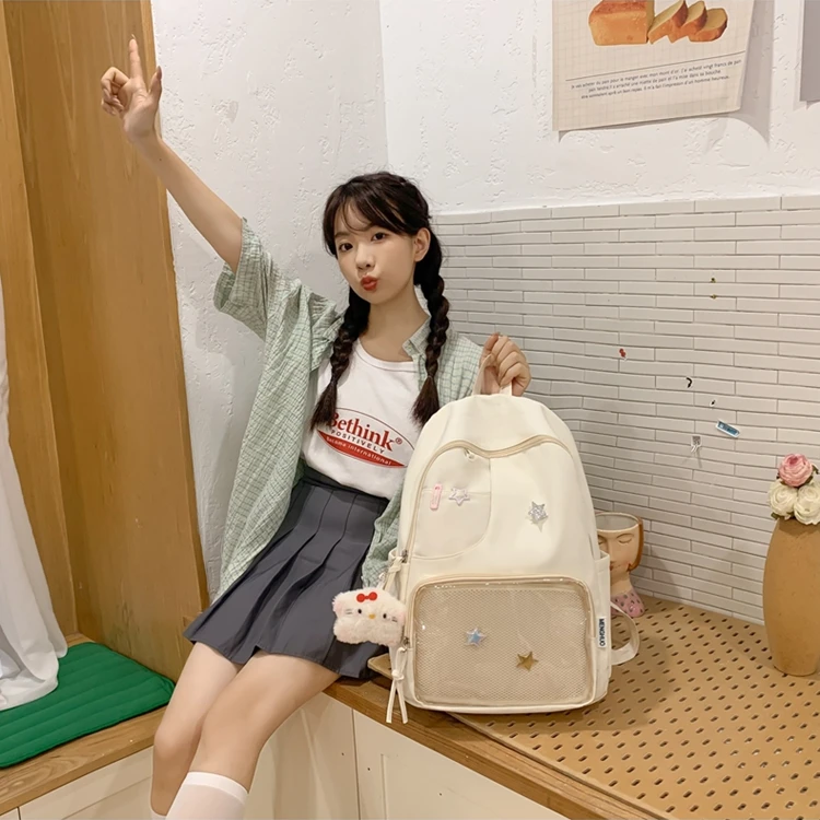 呜咚小铺原创校园透明吧唧大容量痛包学院学生书包女【秋野双肩】