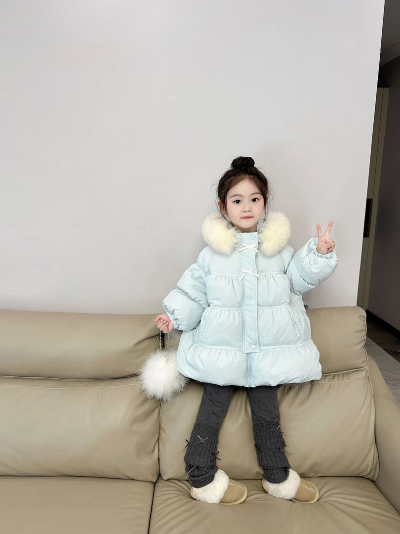 女童大毛领羽绒服2024冬季新款儿童韩版连帽外套中小童保暖上衣潮