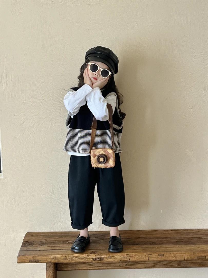 2025春秋季韩版T恤上衣 女童装洋气条纹毛衣马甲宝宝百搭 休闲裤