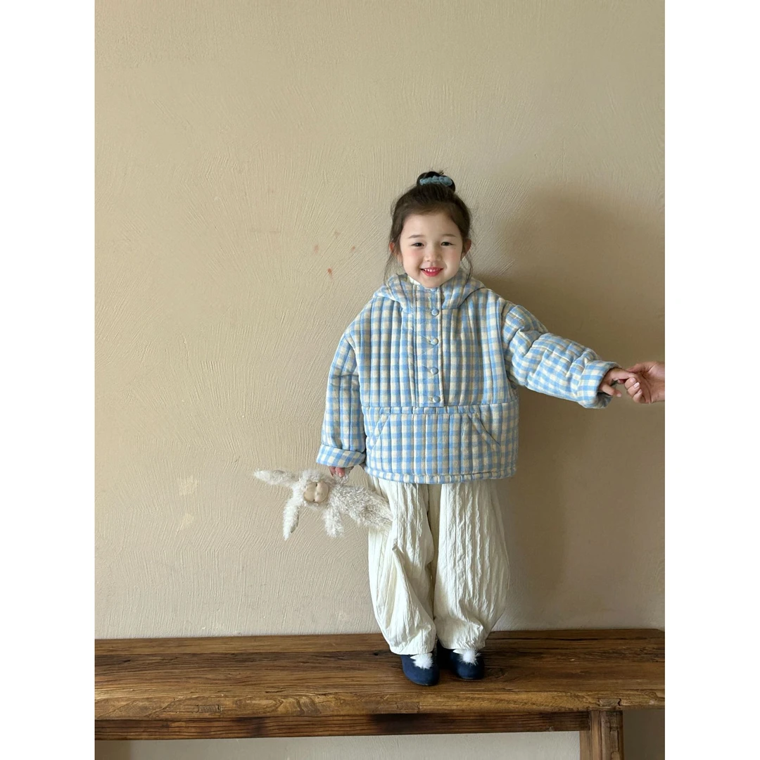 2024冬季新款保暖韩版童装女童甜美蓝色格子棉服棉衣 加绒弯刀裤
