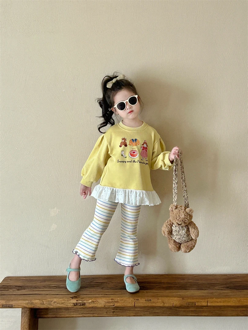 秋季女童新款卡通洋气花边卫衣休闲韩版女宝套头上衣 条纹喇叭裤