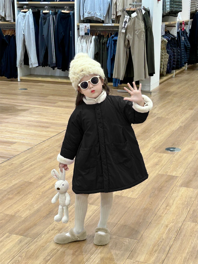 2024冬季新款女童中长款加厚棉服立领口袋保暖大童棉衣洋气儿童