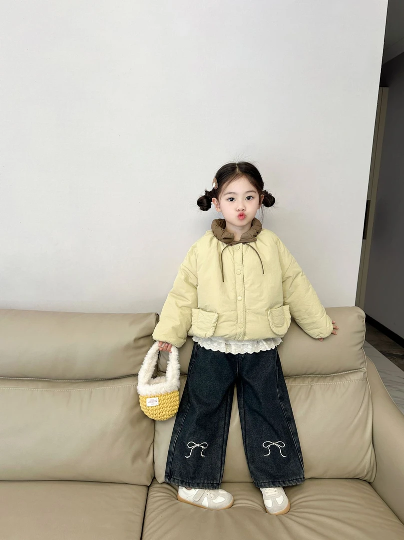 女童深冬韩版2024冬季新款儿童夹棉外套  时尚中小童加厚牛仔裤