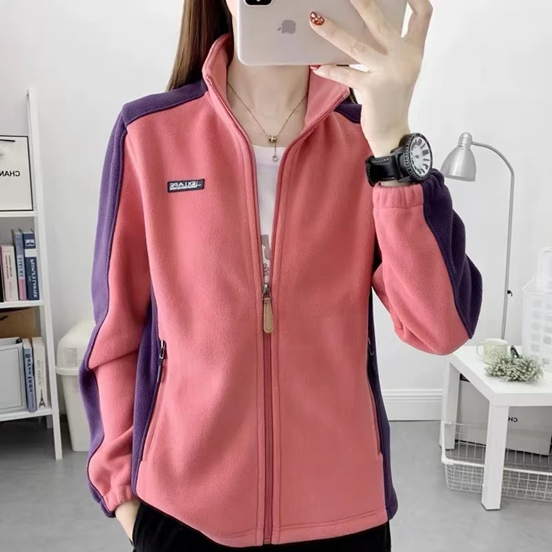 户外抓绒衣女秋冬加绒加厚保暖立领开衫妈妈休闲居家服摇粒绒外套