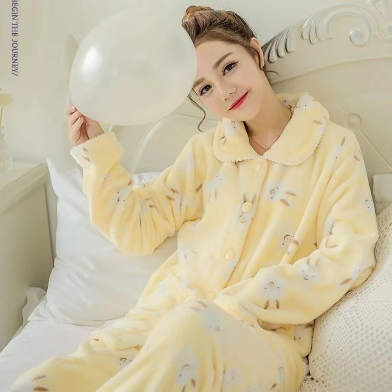 秋冬季睡衣女珊瑚绒保暖女士法兰绒套装长袖开衫甜美冬款家居服