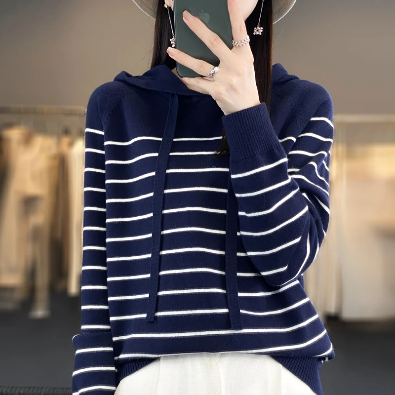 秋冬新款大码帽衫长袖连帽衫针织衫条纹帽衫宽松时尚休闲女士带绳