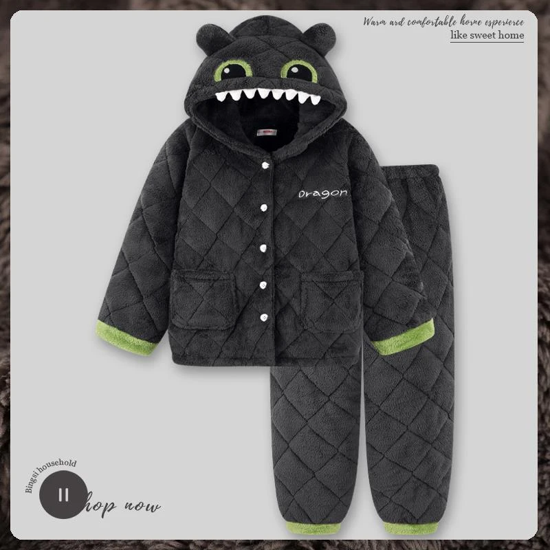 南方生活小怪兽情侣睡衣女冬季三层夹棉加厚加绒珊瑚绒家居服男士