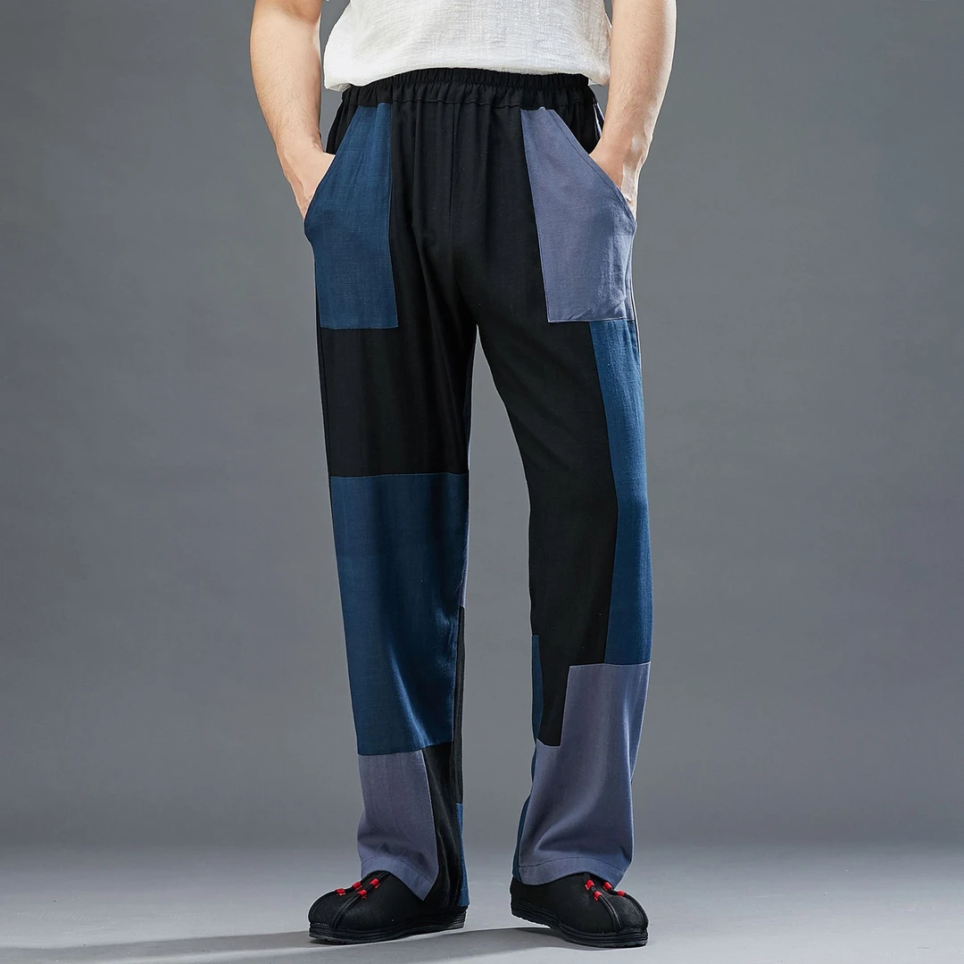 直筒休闲新款亚麻拼色个性国潮男式休闲裤高腰直筒宽松款