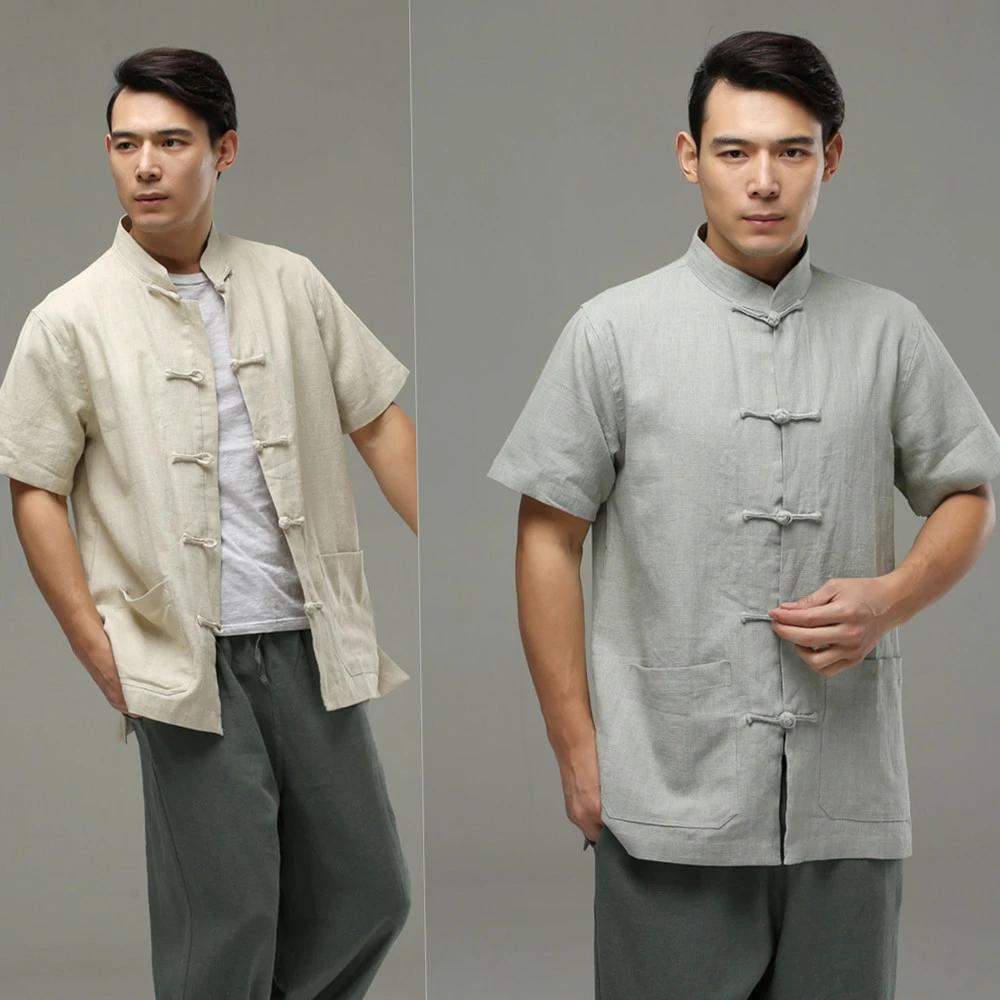 中国风唐装男夏季薄款纯亚麻短袖中式中老年夏装复古休闲立领衬衫